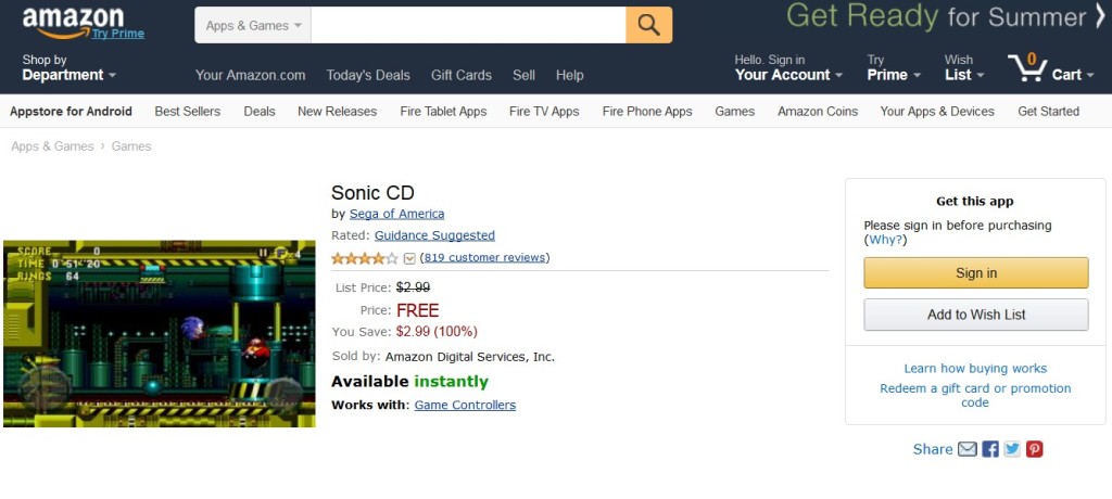 Free Sonic CD at Amazon1