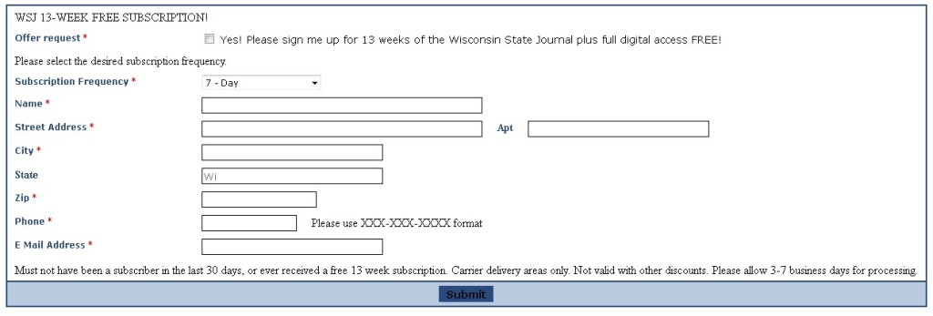 Free Wisconsin State Journal 13-WEEK FREE SUBSCRIPTION!1