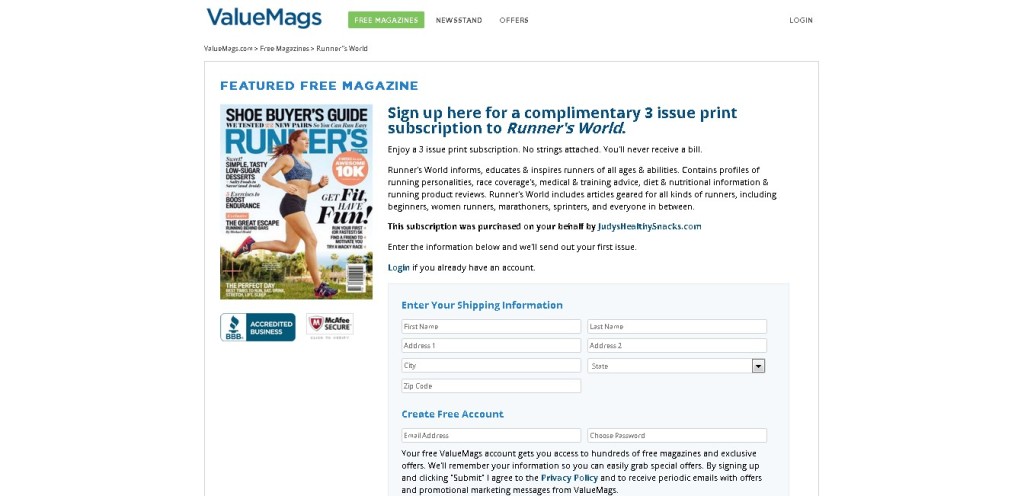 Complimentary 3 Issue Print Subscription to Runner's World Form