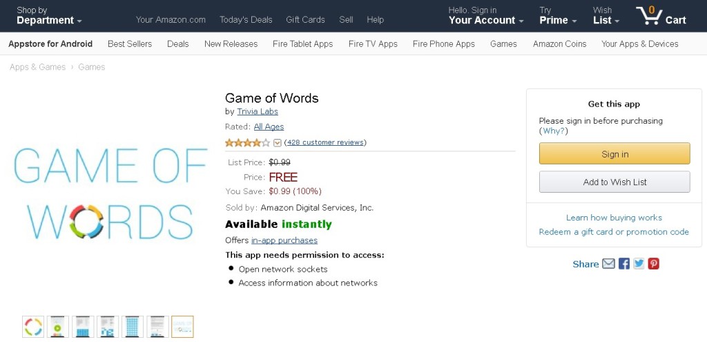 Free Android App at Amazon Game of Words