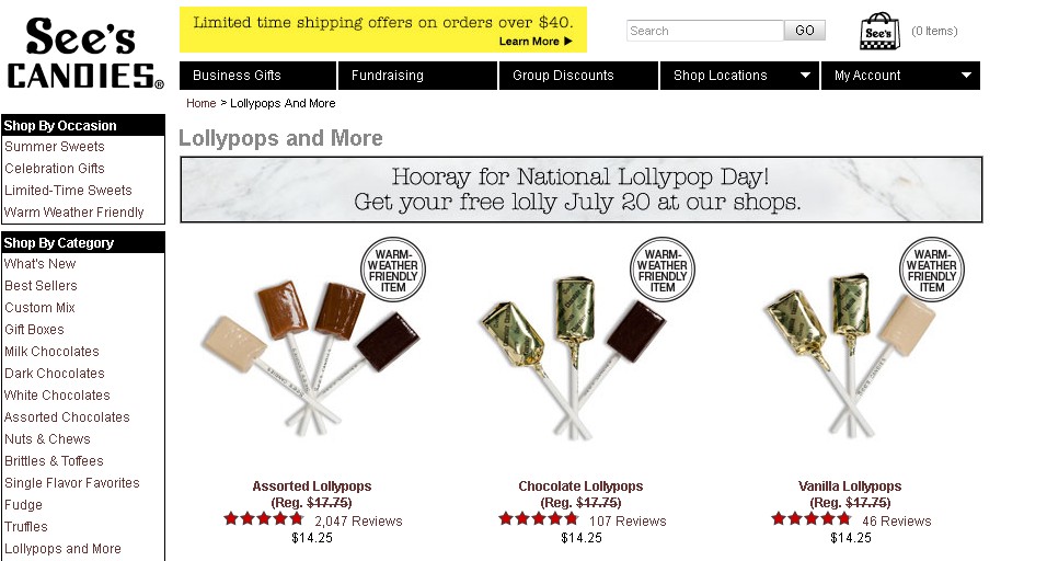 Free Lolly on 20 July at See's Candies- National Lollypop Day
