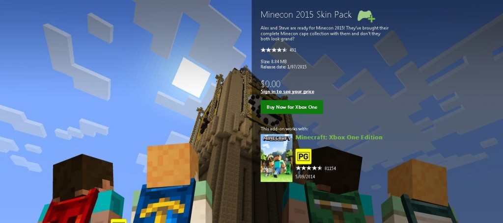 Free Minecon 2015 Skin Pack at XBox