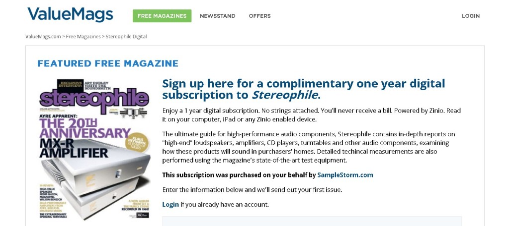 Complimentary one year digital subscription to Stereophile Magazine at ValueMags 1