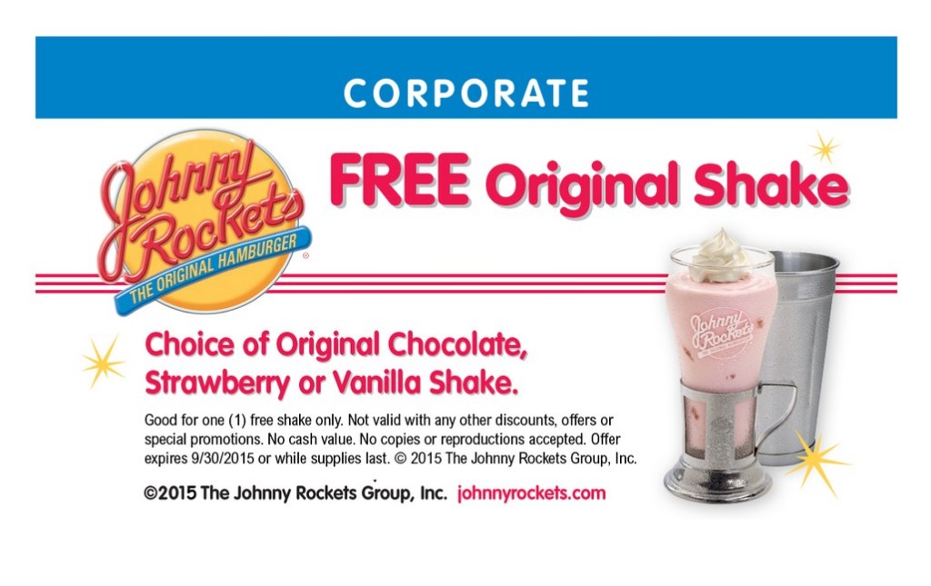 FREE Johnny Rockets Original Chocolate, Strawberry or Vanilla Shake