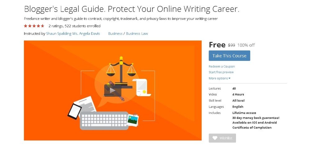 FREE Udemy Course on Blogger's Legal Guide. Protect Your Online Writing Career.