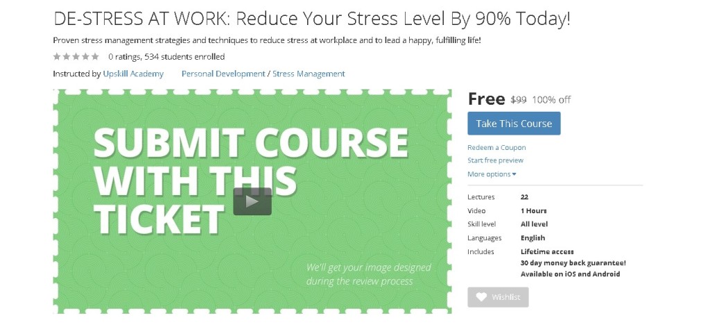 FREE Udemy Course on DE-STRESS AT WORK Reduce Your Stress Level By 90% Today!