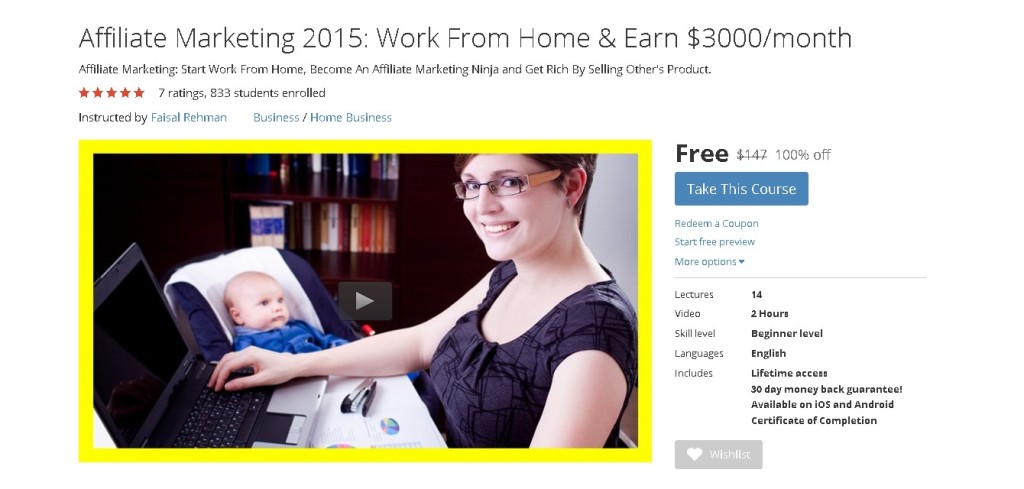 Free Udemy Course on Affiliate Marketing 2015 Work From Home & Earn $3000month