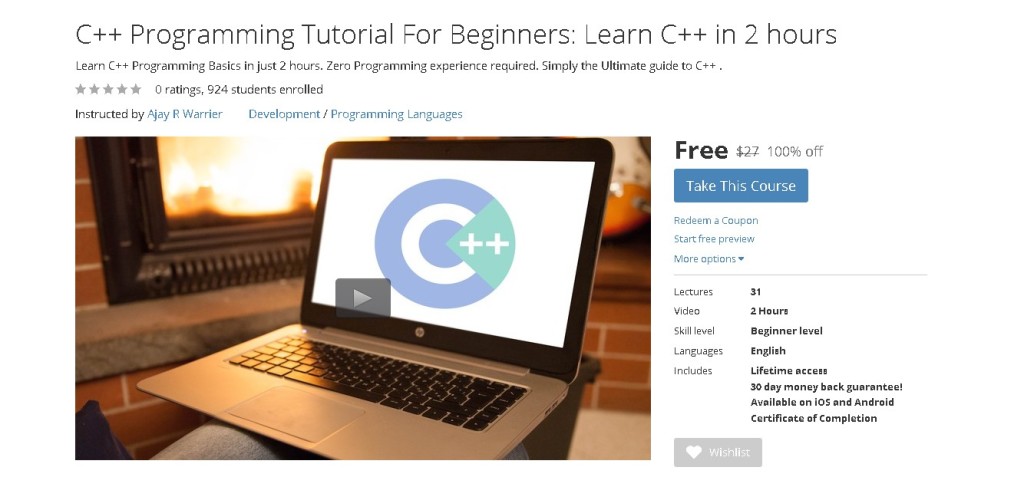 Free Udemy Course on C++ Programming Tutorial For Beginners Learn C++ in 2 hours