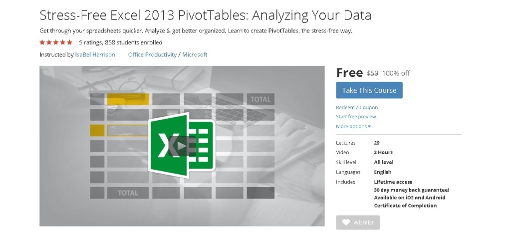 Free Udemy Course on Stress-Free Excel 2013 PivotTables Analyzing Your Data 1