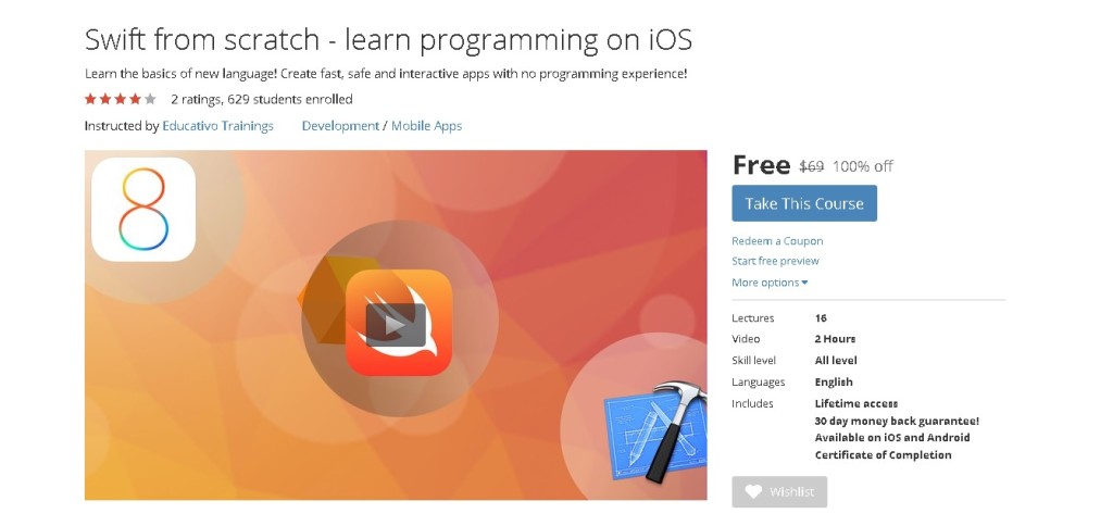Free Udemy Course on Swift from scratch - learn programming on iOS