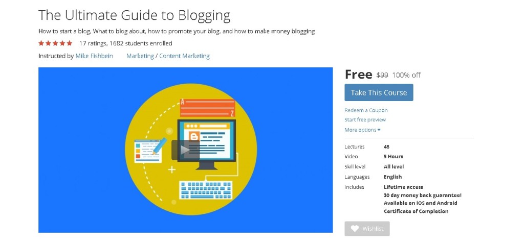 Free Udemy Course on The Ultimate Guide to Blogging