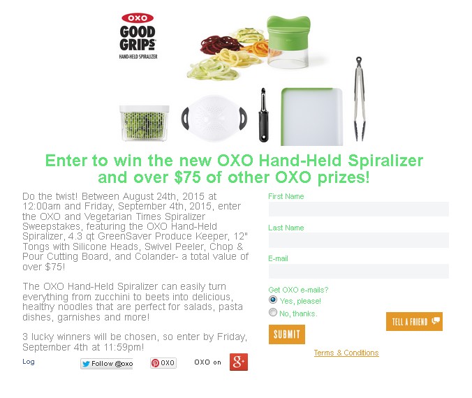 Win the new OXO Hand-Held Spiralizer and over $75 of other OXO prizes 1