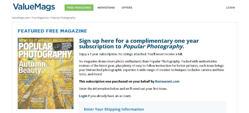 Complimentary one year subscription to Popular Photography at Valuemags (2)