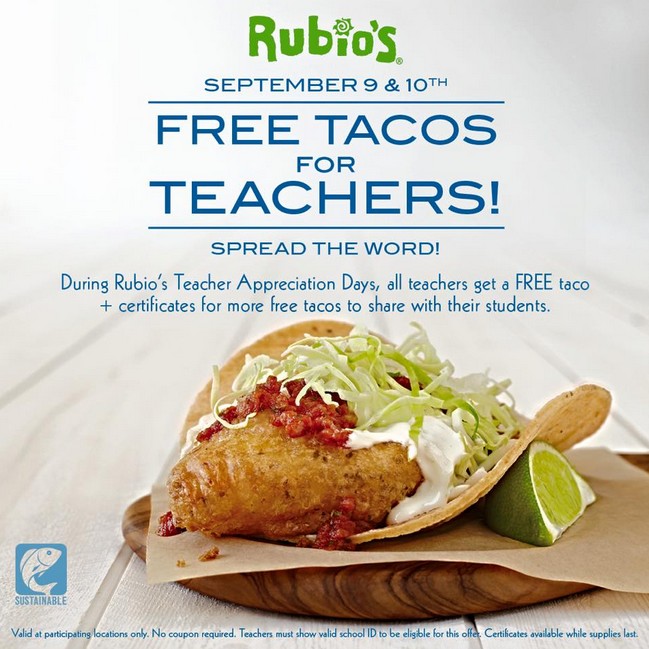 FREE Tacos for Teachers at Rubios's USA