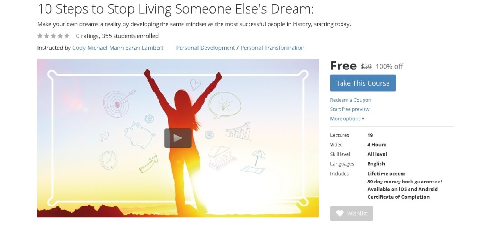FREE Udemy Course on 10 Steps to Stop Living Someone Else's Dream