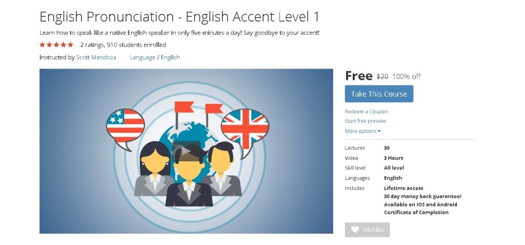 FREE Udemy Course on English Pronunciation - English Accent Level 1