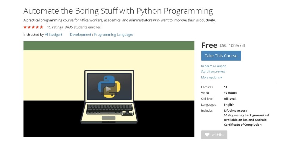 Free Udemy Course on Automate the Boring Stuff with Python Programming