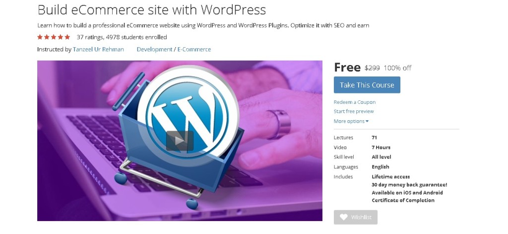 Free Udemy Course on Build eCommerce site with WordPress