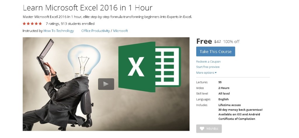 Free Udemy Course on Learn Microsoft Excel 2016 in 1 Hour 1