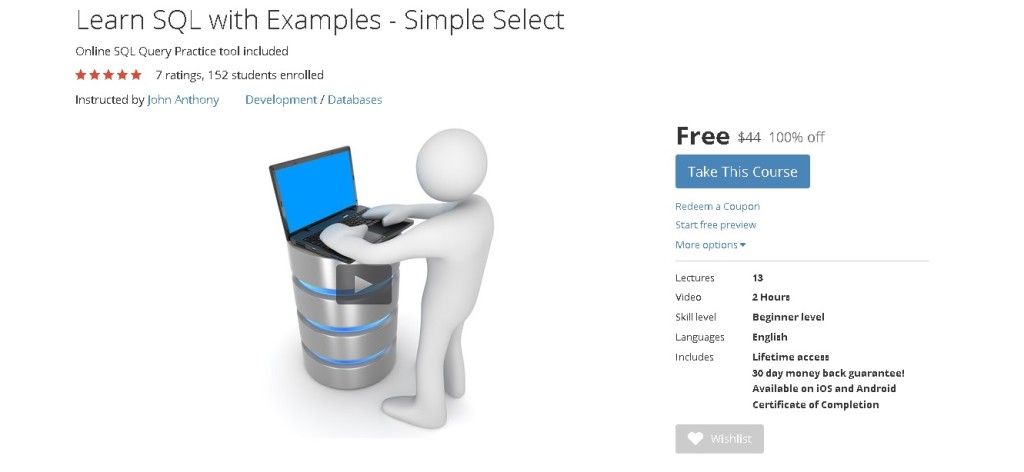 Free Udemy Course on Learn SQL with Examples - Simple Select  (2)