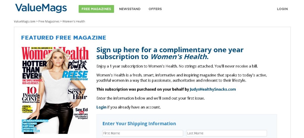 Complimentary one year subscription to Women's Health Magazine at Valuemags