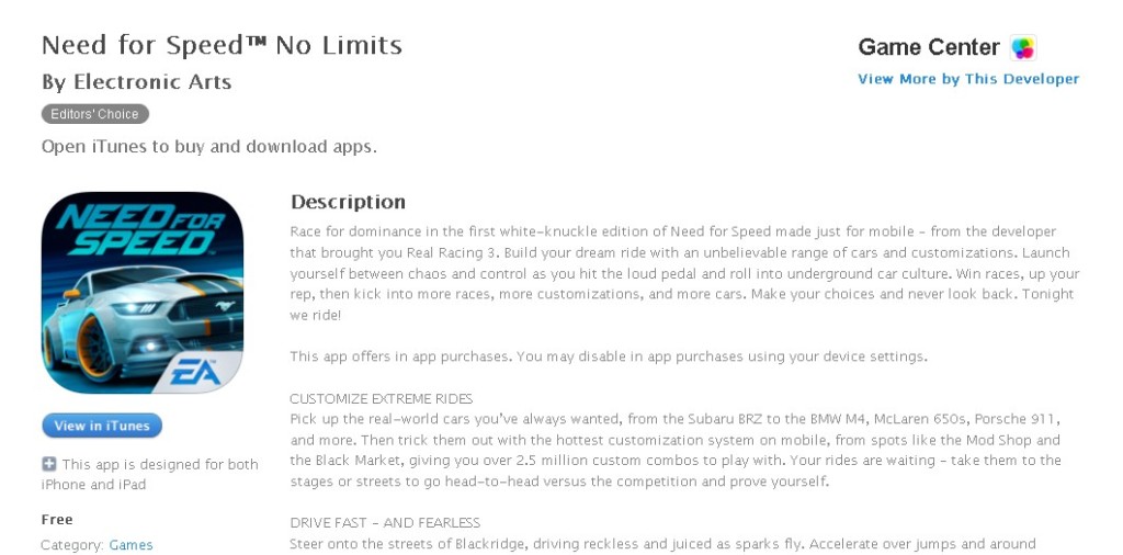 FREE Game at iTunes Need for Speed™ No Limits