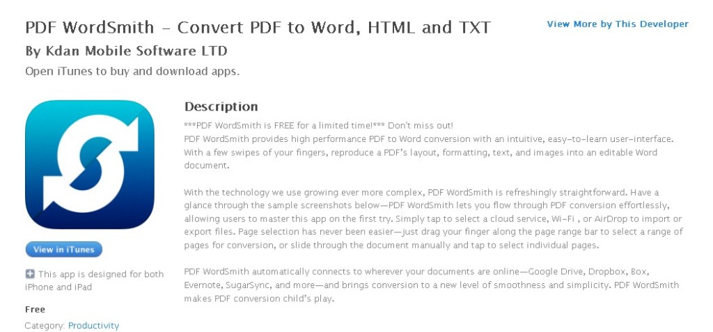 FREE IOS Productivity APP PDF WordSmith - Convert PDF to Word, HTML and TXT