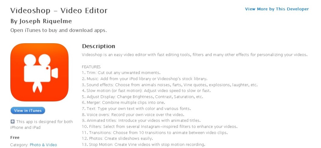 FREE Photo & Video IOS App Videoshop - Video Editor