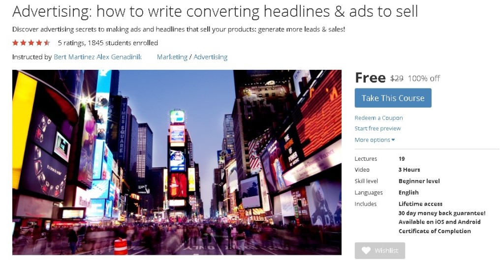 FREE Udemy Course on Advertising how to write converting headlines & ads to sell