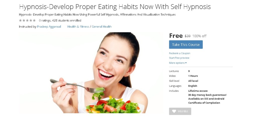 FREE Udemy Course on Hypnosis-Develop Proper Eating Habits Now With Self Hypnosis