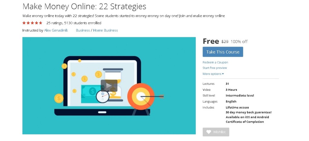 FREE Udemy Course on Make Money Online 22 Strategies