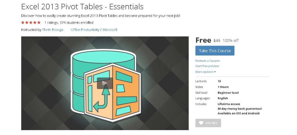 FREE Udemy Course onExcel 2013 Pivot Tables - Essentials