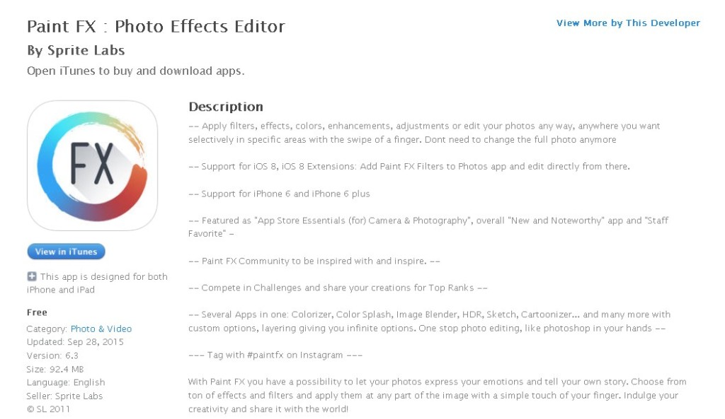 FREE  iOS APP - Paint FX  Photo Effects Editor By Sprite Labs