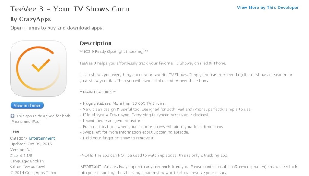 FREE iOS App TeeVee 3 - Your TV Shows Guru By CrazyApps