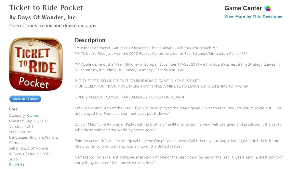 FREE iOS App Ticket to Ride Pocket By Days Of Wonder, Inc.