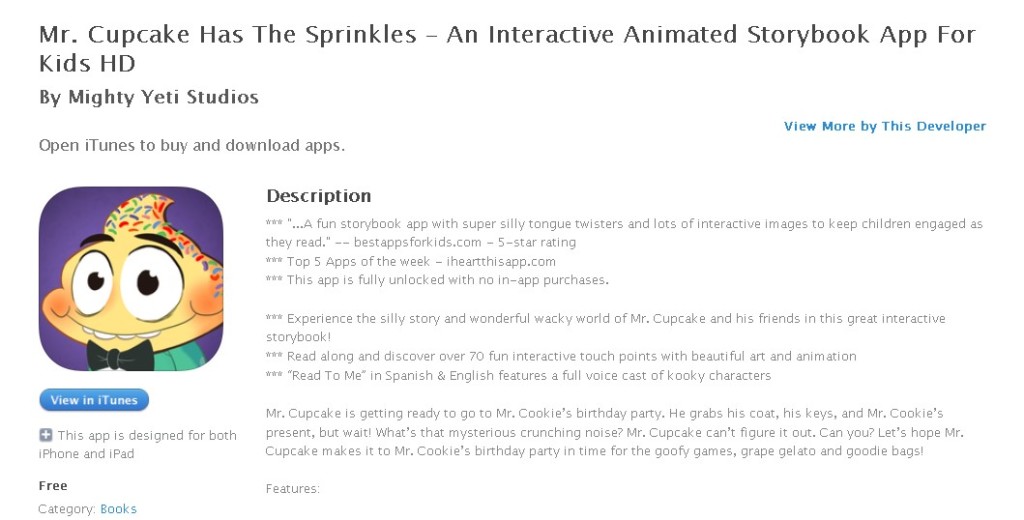 FREE iOS Book Mr. Cupcake Has The Sprinkles – An Interactive Animated Storybook App For Kids HD By Mighty Yeti Studios