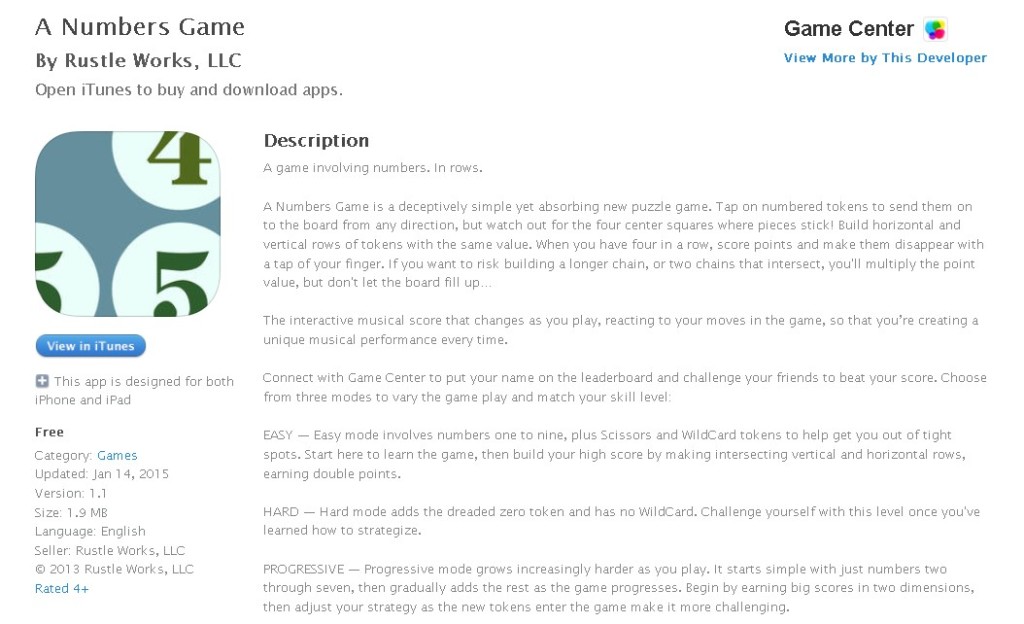 FREE iOS Game  A Numbers Game By Rustle Works, LLC