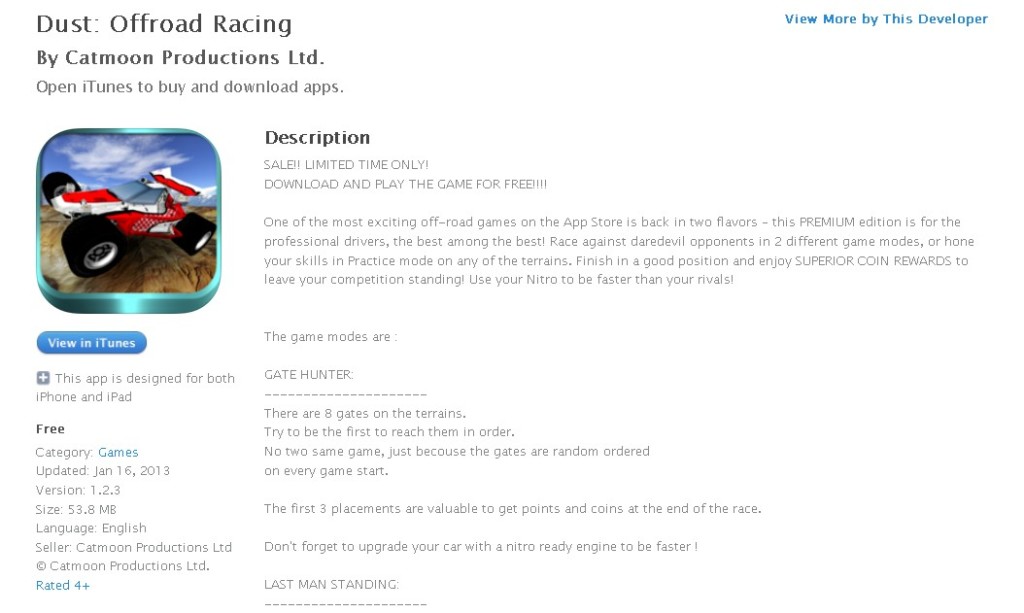 FREE iOS Game Dust Offroad Racing By Catmoon Productions Ltd.