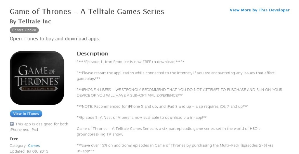 FREE iOS Game Game of Thrones - A Telltale Games Series By Telltale Inc