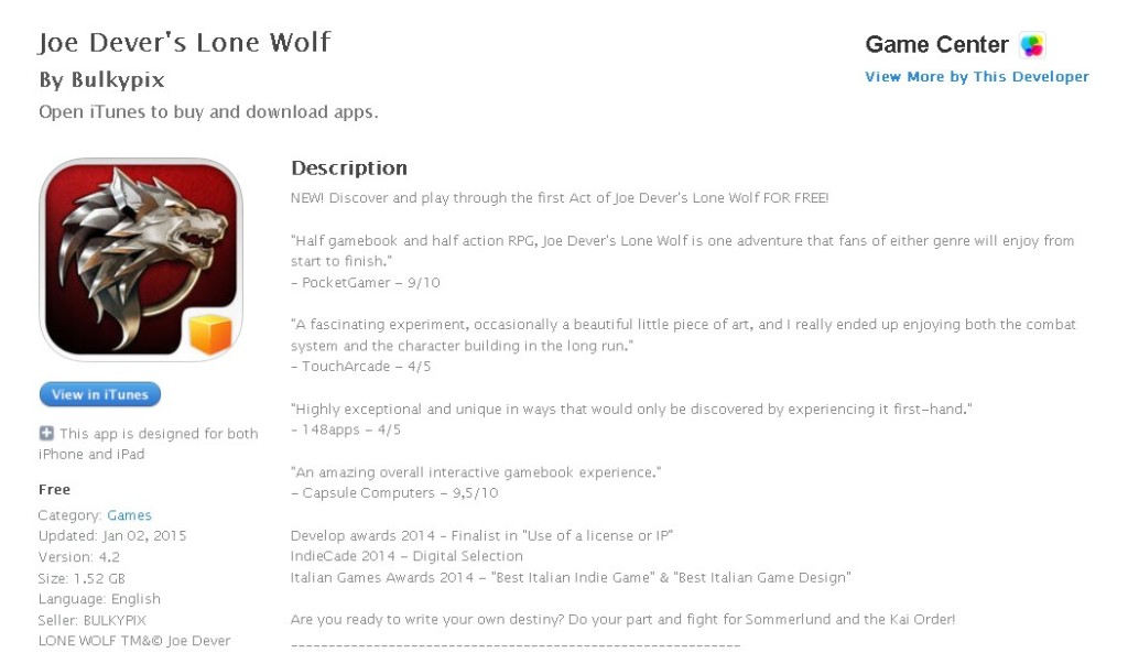 FREE iOS Game Joe Dever's Lone Wolf By Bulkypix