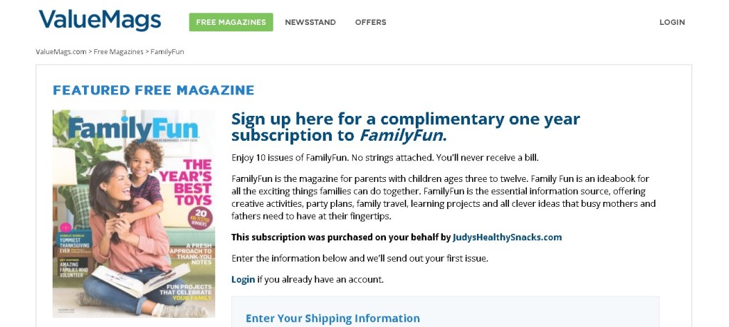 FREE one year subscription to FamilyFun Magazine at ValueMags