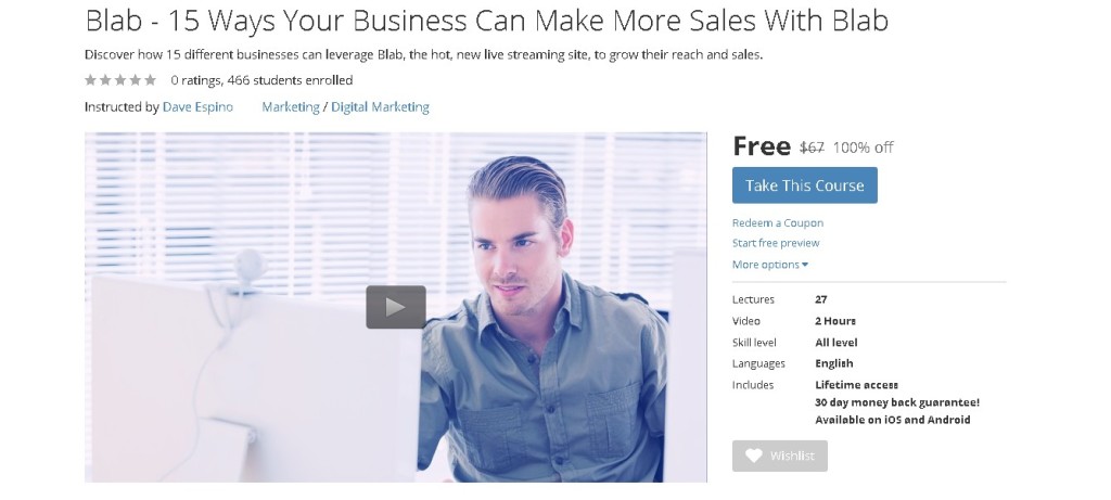 Free Udemy Course on 15 Ways Your Business Can Make More Sales With Blab