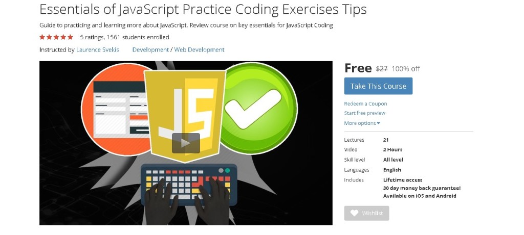 Free Udemy Course on Essentials of JavaScript Practice Coding Exercises Tips