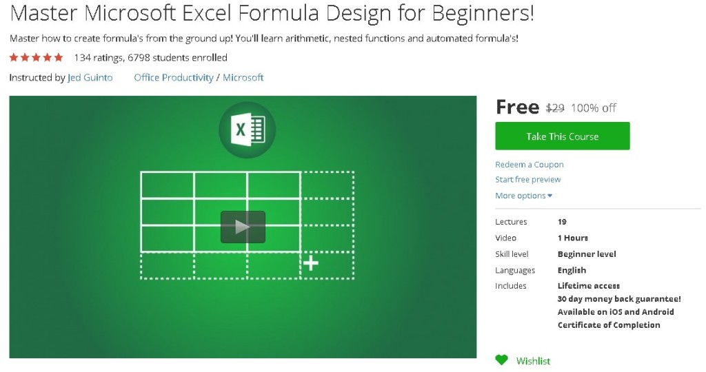 Free Udemy Course on Master Microsoft Excel Formula Design for Beginners!