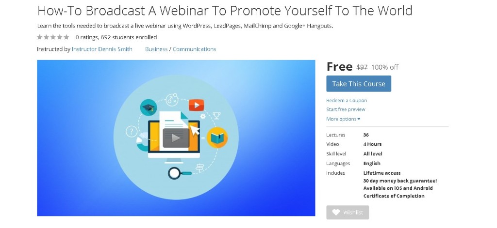 Free Udemy Online Course on How-To Broadcast A Webinar To Promote Yourself To The World