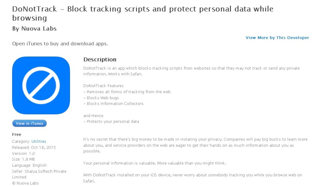 Free iOS App DoNotTrack - Block tracking scripts and protect personal data while browsing