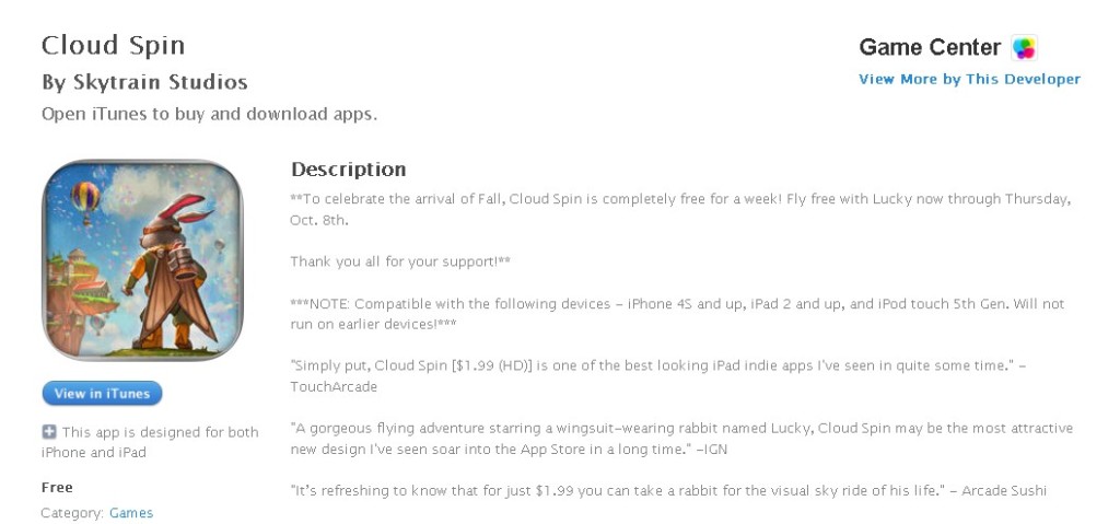 Free iOS Game Cloud Spin By Skytrain Studios