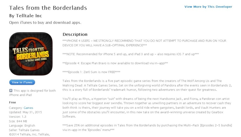 Free iOS Game Tales from the Borderlands By Telltale Inc