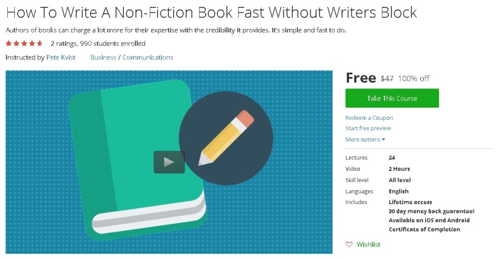 Free Udemy Course on How To Write A Non-Fiction Book Fast Without Writers Block