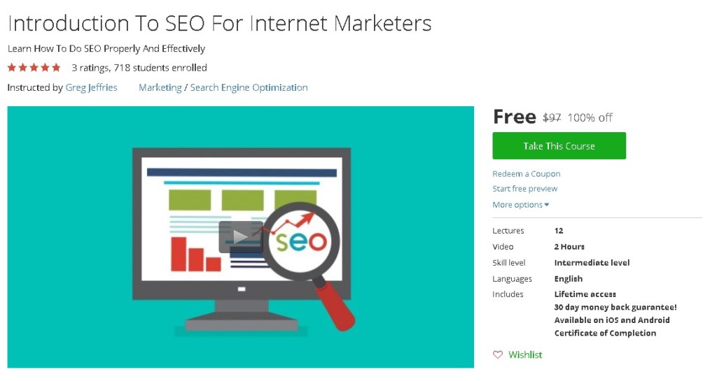 Free Udemy Course on Introduction To SEO For Internet Marketers